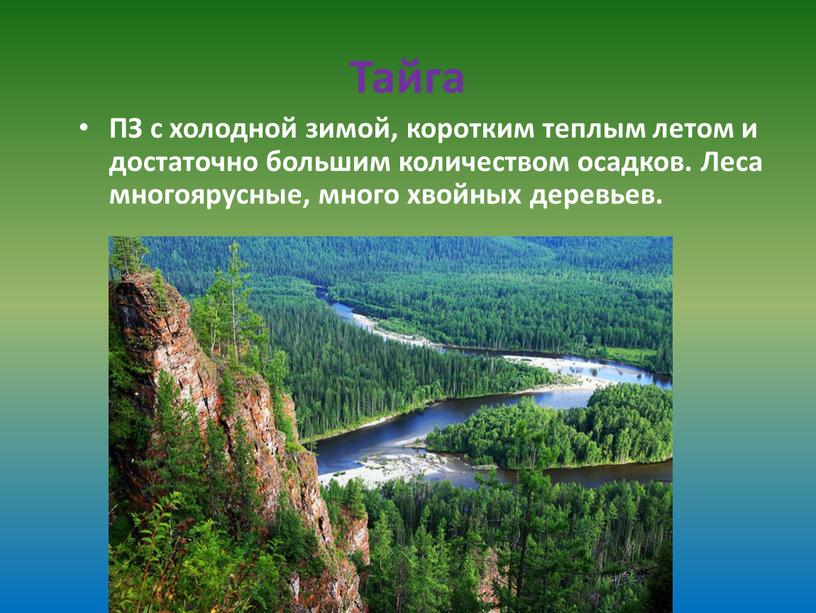 Тайга ПЗ с холодной зимой, коротким теплым летом и достаточно большим количеством осадков