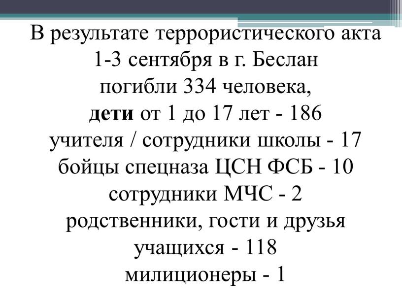 В результате террористического акта 1-3 сентября в г