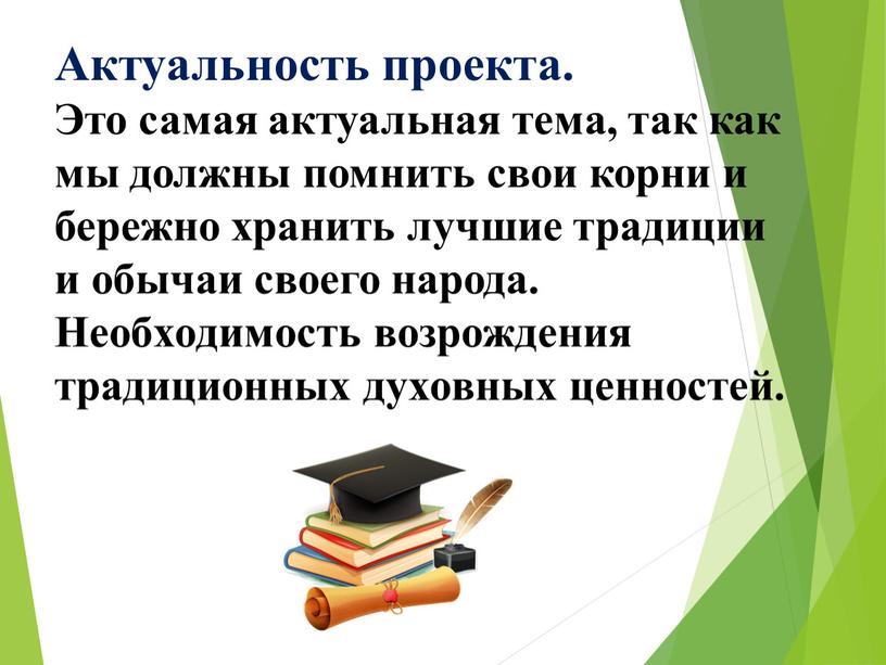 Актуальность проекта. Это самая актуальная тема, так как мы должны помнить свои корни и бережно хранить лучшие традиции и обычаи своего народа