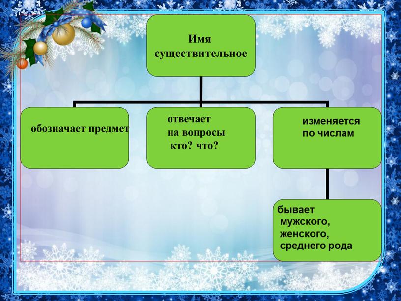обозначает предмет отвечает на вопросы кто? что? изменяется по числам бывает мужского, женского, среднего рода