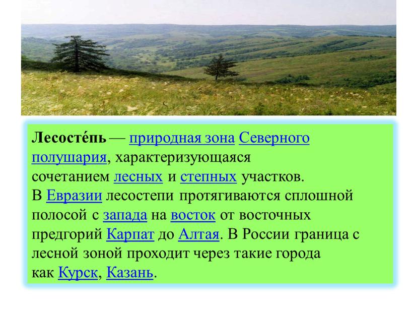 Лесосте́пь — природная зона Северного полушария, характеризующаяся сочетанием лесных и степных участков