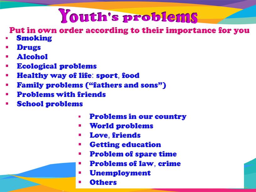 Youth's problems Smoking Drugs