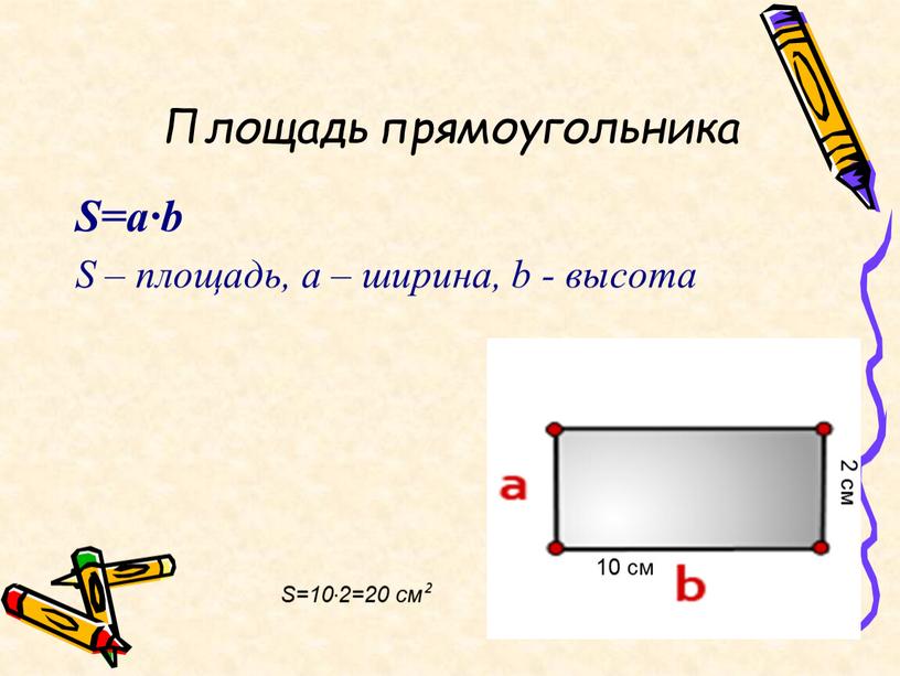 Площадь прямоугольника S=a·b S – площадь, a – ширина, b - высота