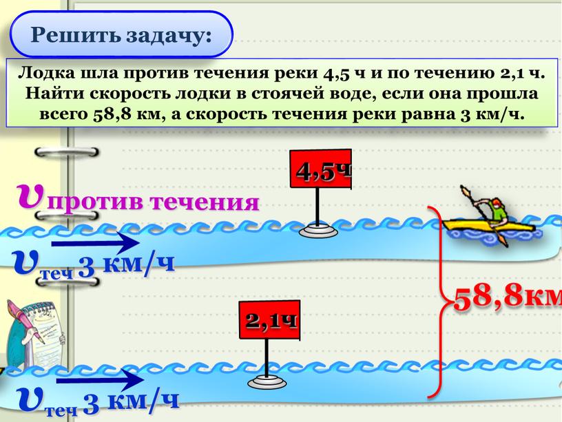 Лодка шла против течения реки 4,5 ч и по течению 2,1 ч