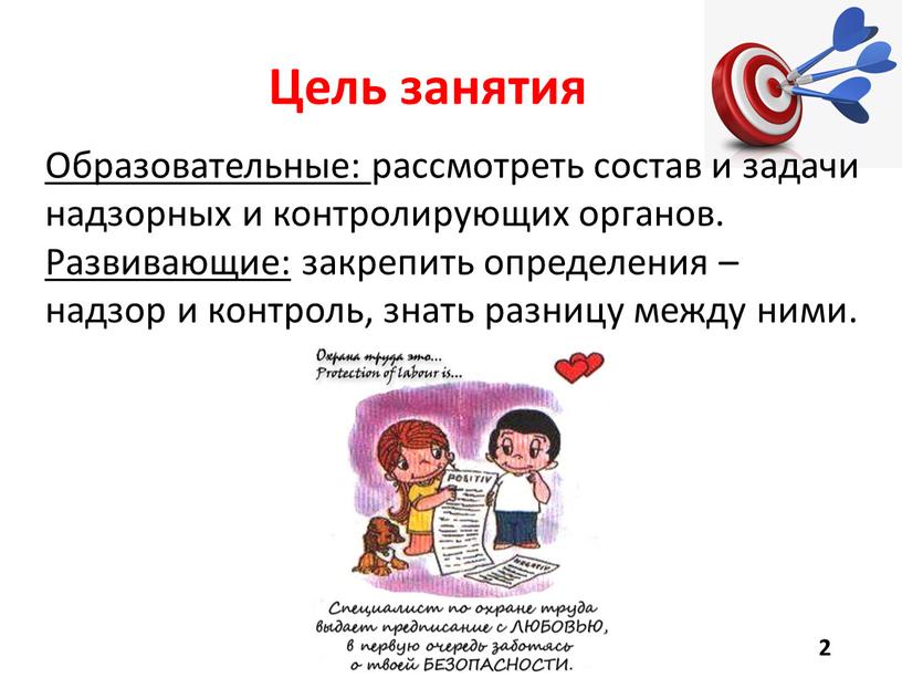 Цель занятия Образовательные: рассмотреть состав и задачи надзорных и контролирующих органов