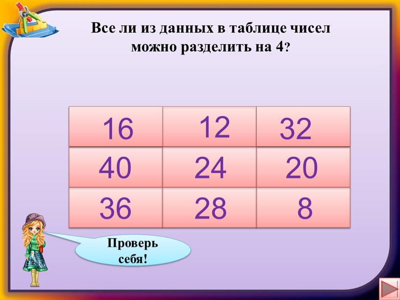 Все ли из данных в таблице чисел можно разделить на 4? 28 34 12 24 40 20 36 15 8