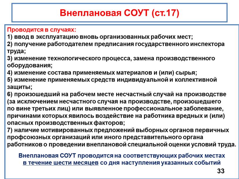 Внеплановая СОУТ (ст.17) Проводится в случаях: 1) ввод в эксплуатацию вновь организованных рабочих мест; 2) получение работодателем предписания государственного инспектора труда; 3) изменение технологического процесса,…