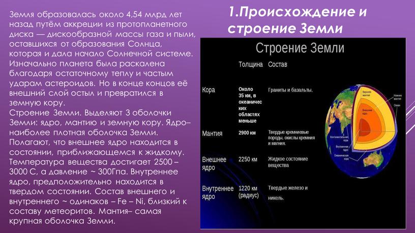 Земля образовалась около 4,54 млрд лет назад путём аккреции из протопланетного диска — дискообразной массы газа и пыли, оставшихся от образования