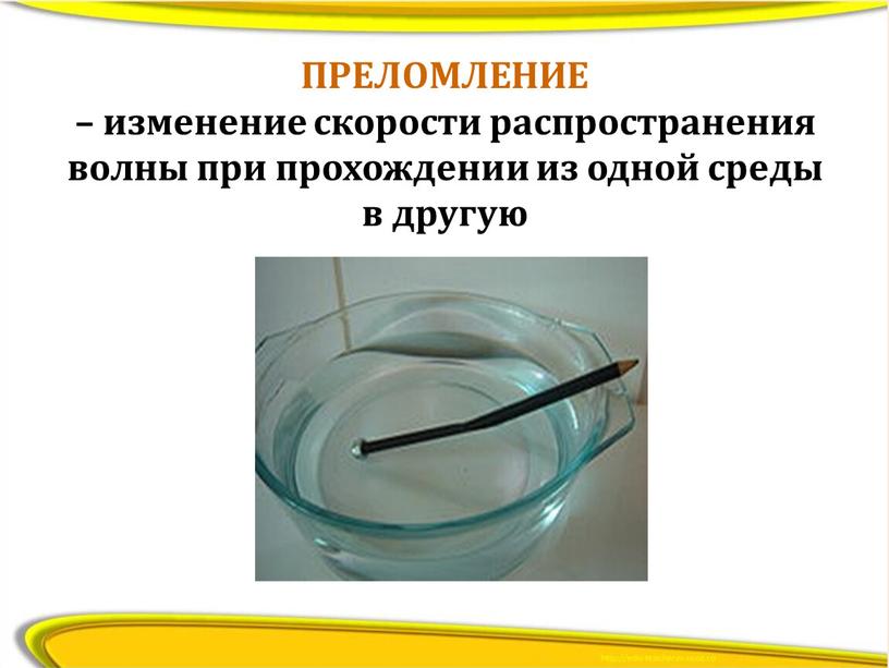 ПРЕЛОМЛЕНИЕ – изменение скорости распространения волны при прохождении из одной среды в другую