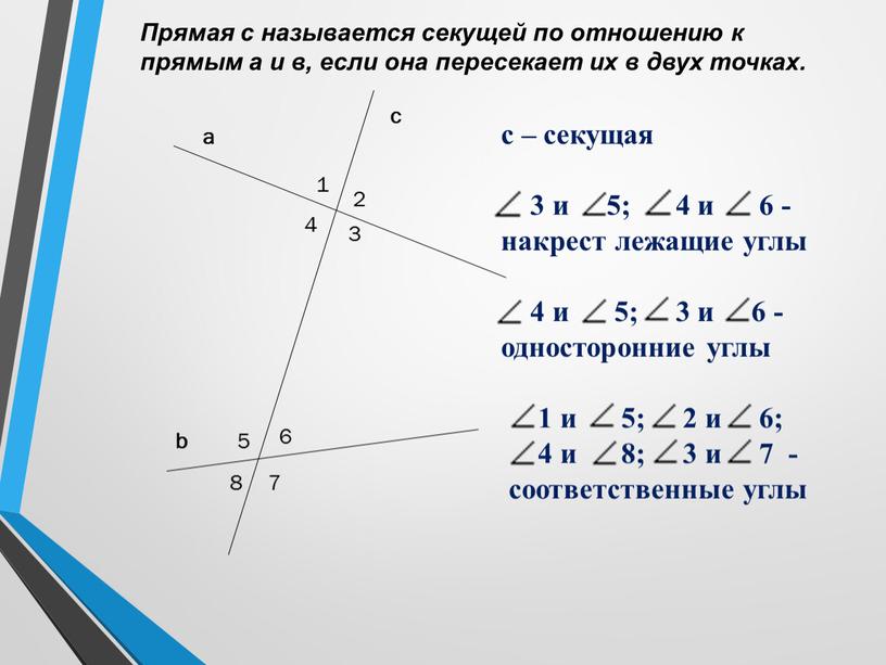 Прямая с называется секущей по отношению к прямым а и в, если она пересекает их в двух точках