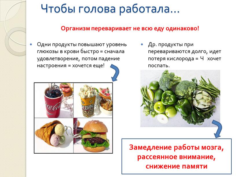 Чтобы голова работала… Одни продукты повышают уровень глюкозы в крови быстро = сначала удовлетворение, потом падение настроения = хочется еще!