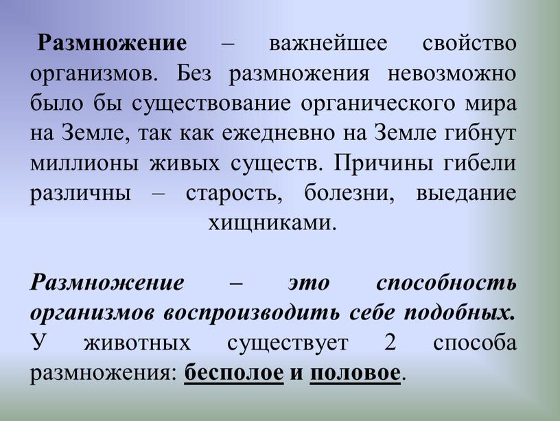 Размножение – важнейшее свойство организмов