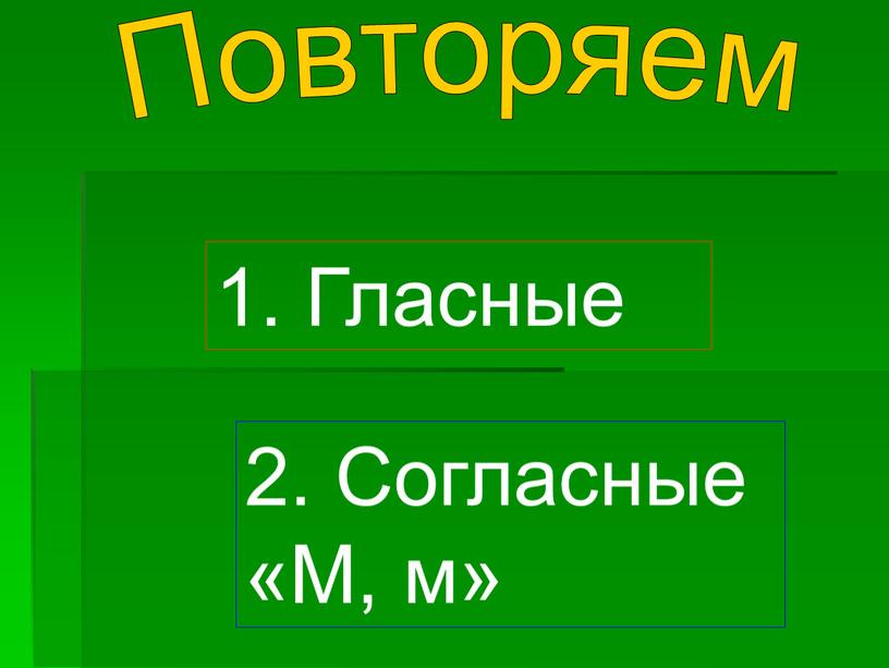 Повторяем 1. Гласные 2. Согласные «М, м»