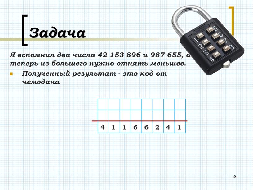 Задача Я вспомнил два числа 42 153 896 и 987 655, а теперь из большего нужно отнять меньшее