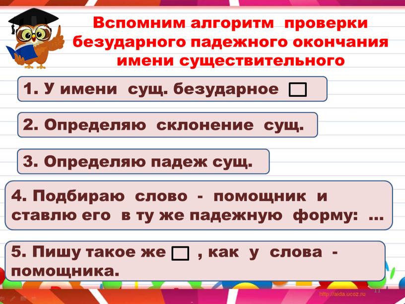 Вспомним алгоритм проверки безударного падежного окончания имени существительного 1