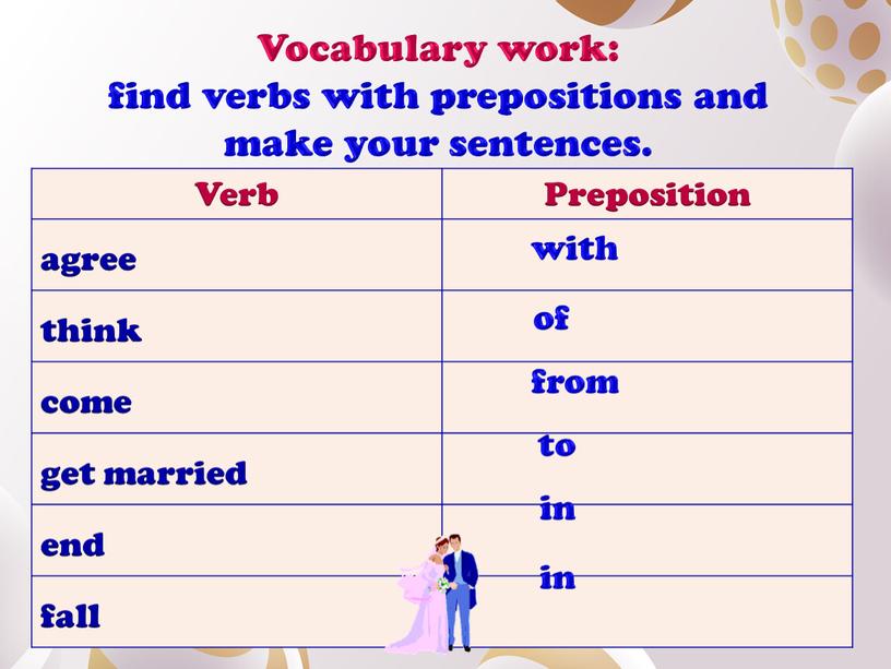 Vocabulary work: find verbs with prepositions and make your sentences