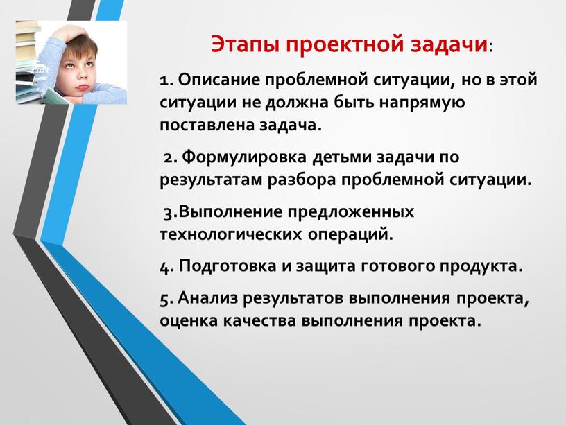 Этапы проектной задачи : 1. Описание проблемной ситуации, но в этой ситуации не должна быть напрямую поставлена задача