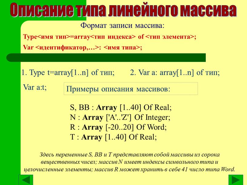 Описание типа линейного массива 1