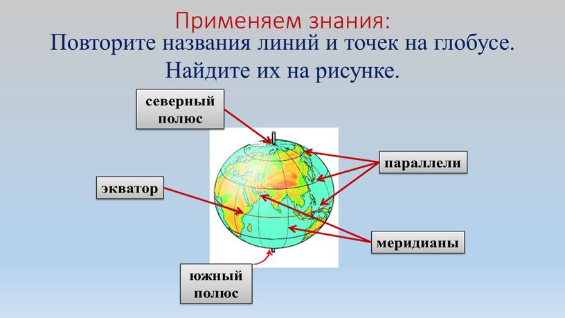 Применяем знания: Повторите названия линий и точек на глобусе