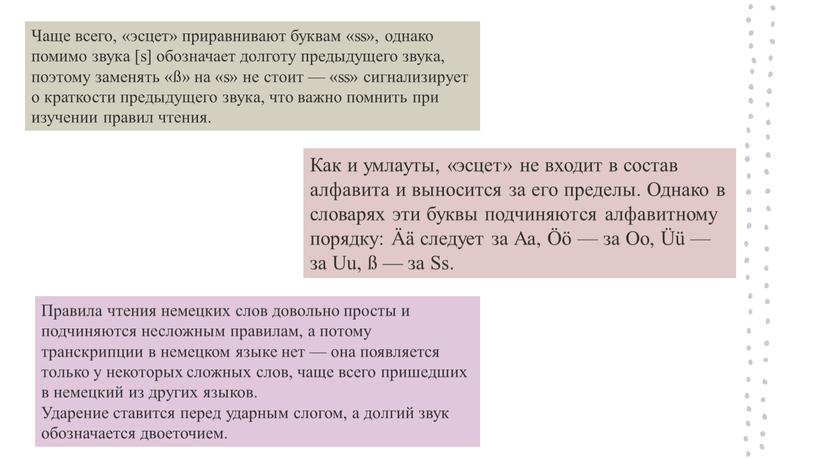 Чаще всего, «эсцет» приравнивают буквам «ss», однако помимо звука [s] обозначает долготу предыдущего звука, поэтому заменять «ß» на «s» не стоит — «ss» сигнализирует о…