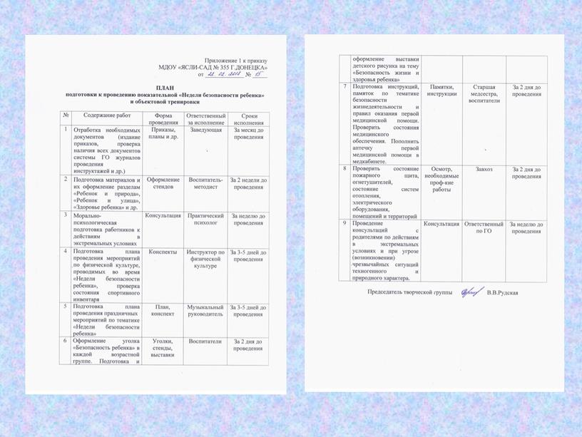 Презентация "ОРГАНИЗАЦИЯ РАБОТЫ ПО ПОДГОТОВКЕ И ПРОВЕДЕНИЮ «НЕДЕЛИ БЕЗОПАСНОСТИ РЕБЕНКА» И ОБЪЕКТОВОЙ ТРЕНИРОВКИ В МДОУ «ЯСЛИ-САД № 355 Г. ДОНЕЦКА»"