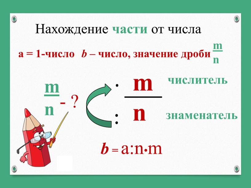 Нахождение части от числа : числитель знаменатель a = 1-число m n - ? m n b = a:n•m b – число, значение дроби