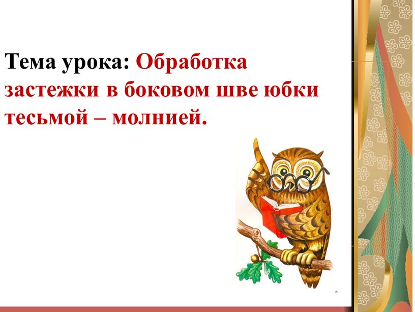 Тема урока: Обработка застежки в боковом шве юбки тесьмой – молнией