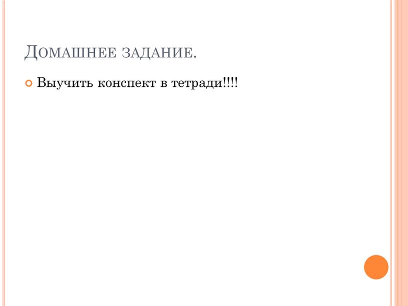 Домашнее задание. Выучить конспект в тетради!!!!