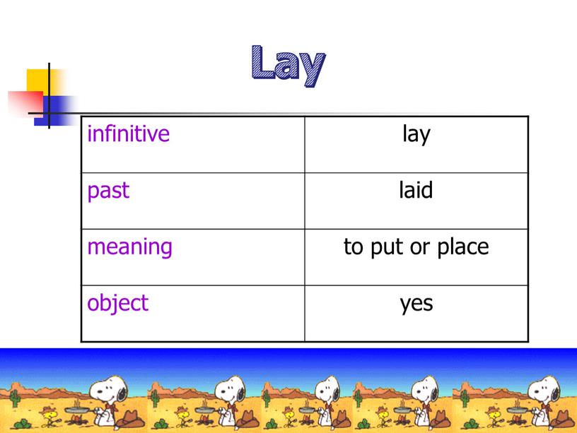 infinitive lay past laid meaning to put or place object yes Lay