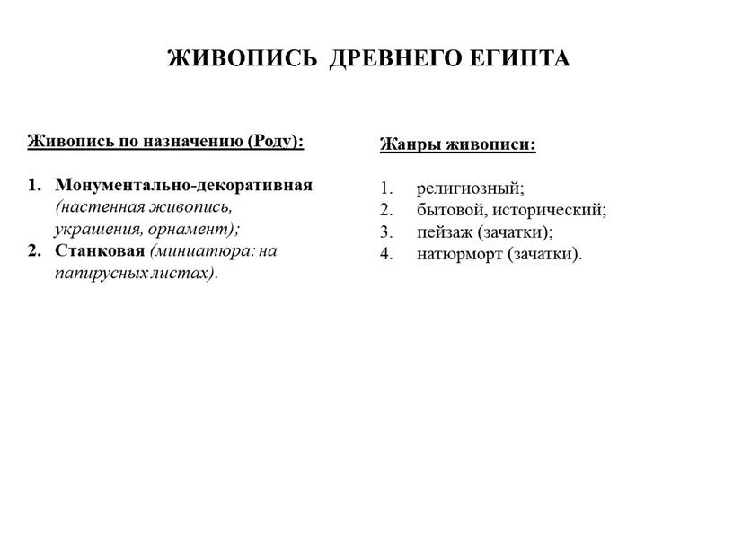 ЖИВОПИСЬ ДРЕВНЕГО ЕГИПТА Живопись по назначению (Роду):