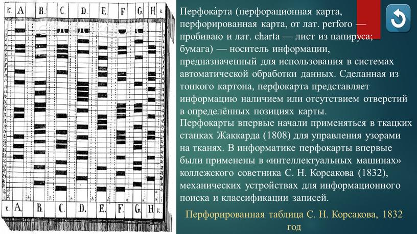 Перфорированная таблица С. Н. Корсакова, 1832 год