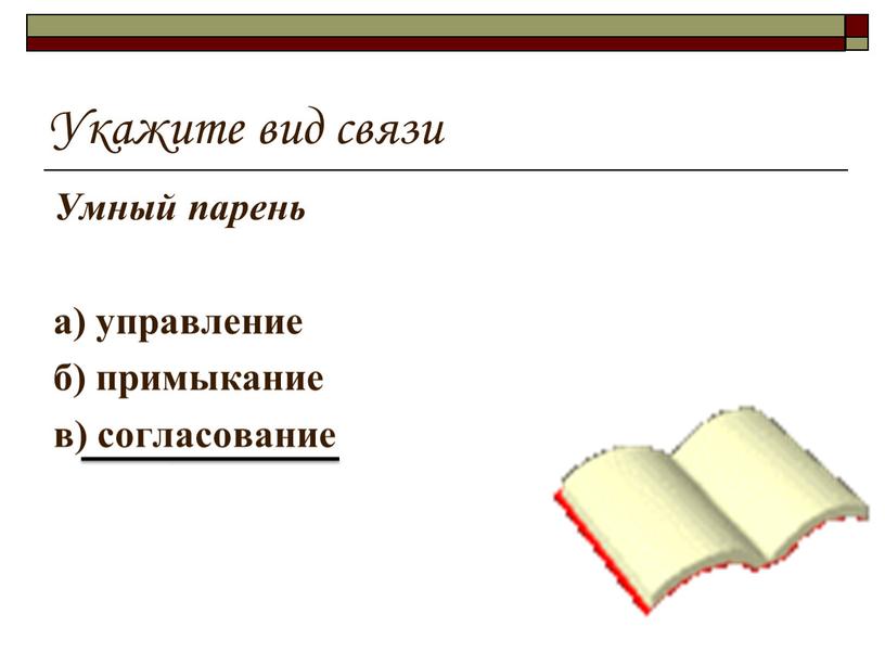 Укажите вид связи Умный парень а) управление б) примыкание в) согласование