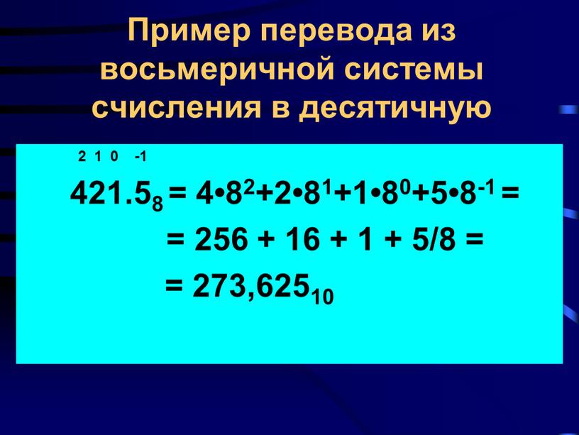 Пример перевода из восьмеричной системы счисления в десятичную 2 1 0 -1 421