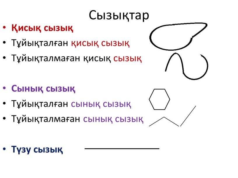 Сызықтар Қисық сызық Тұйықталған қисық сызық