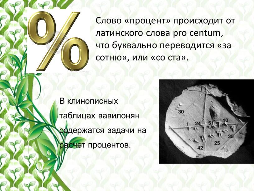 Слово «процент» происходит от латинского слова pro centum, что буквально переводится «за сотню», или «со ста»