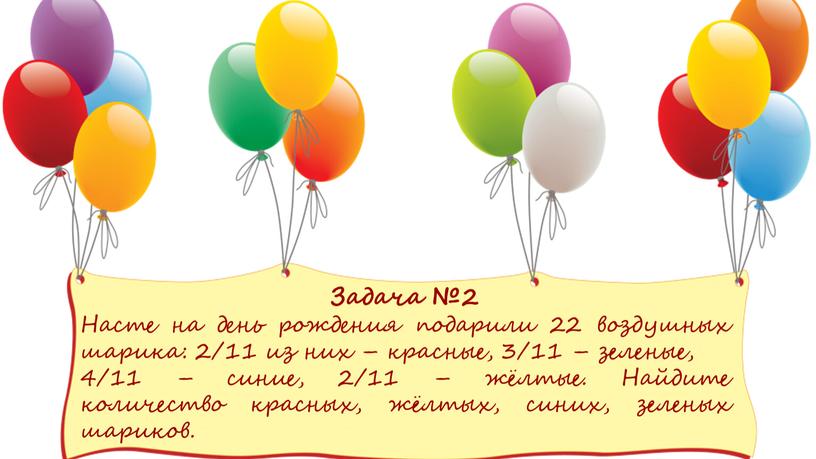 Задача №2 Насте на день рождения подарили 22 воздушных шарика: 2/11 из них – красные, 3/11 – зеленые, 4/11 – синие, 2/11 – жёлтые