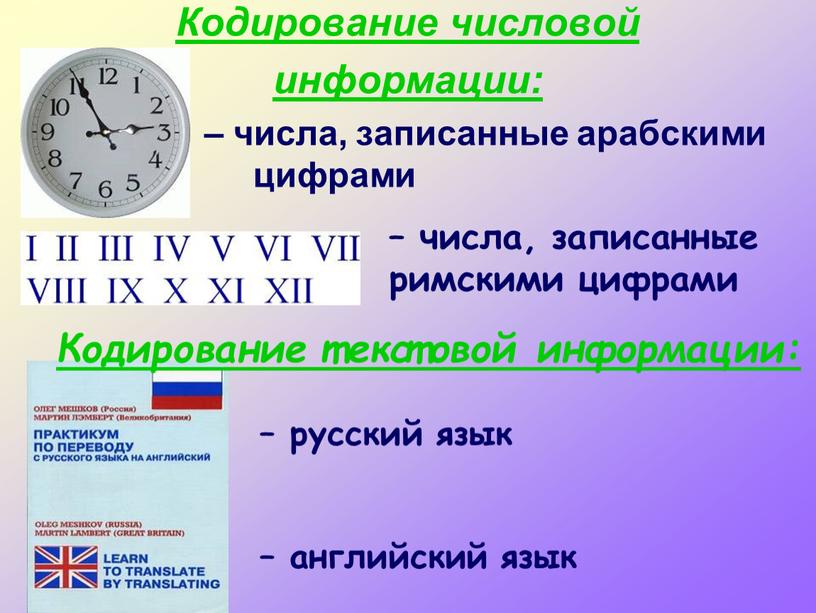 Кодирование числовой информации: – числа, записанные арабскими цифрами – числа, записанные римскими цифрами – русский язык – английский язык