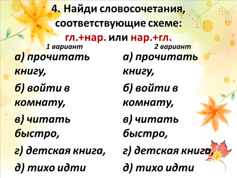 Найди словосочетания, соответствующие схеме: гл