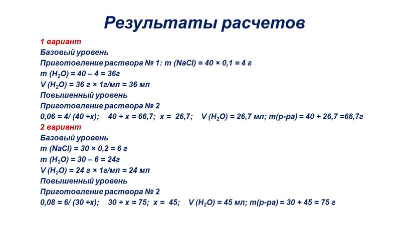 Результаты расчетов 1 вариант Базовый уровень