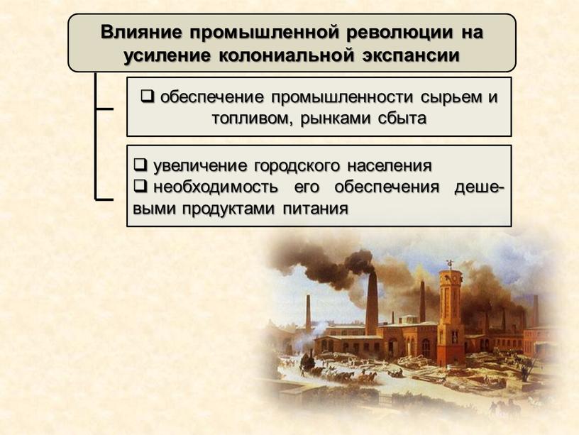 Влияние промышленной революции на усиление колониальной экспансии обеспечение промышленности сырьем и топливом, рынками сбыта увеличение городского населения необходимость его обеспечения деше-выми продуктами питания