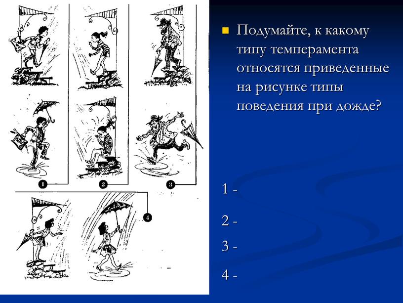 Подумайте, к какому типу темперамента относятся приведенные на рисунке типы поведения при дожде? 1 - 2 - 3 - 4 -