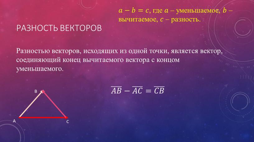 Разность векторов Разностью векторов, исходящих из одной точки, является вектор, соединяющий конец вычитаемого вектора с концом уменьшаемого