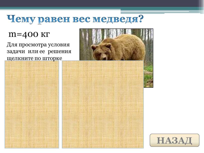 Чему равен вес медведя? Для просмотра условия задачи или ее решения щелкните по шторке