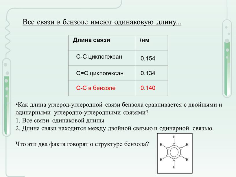 Все связи в бензоле имеют одинаковую длину