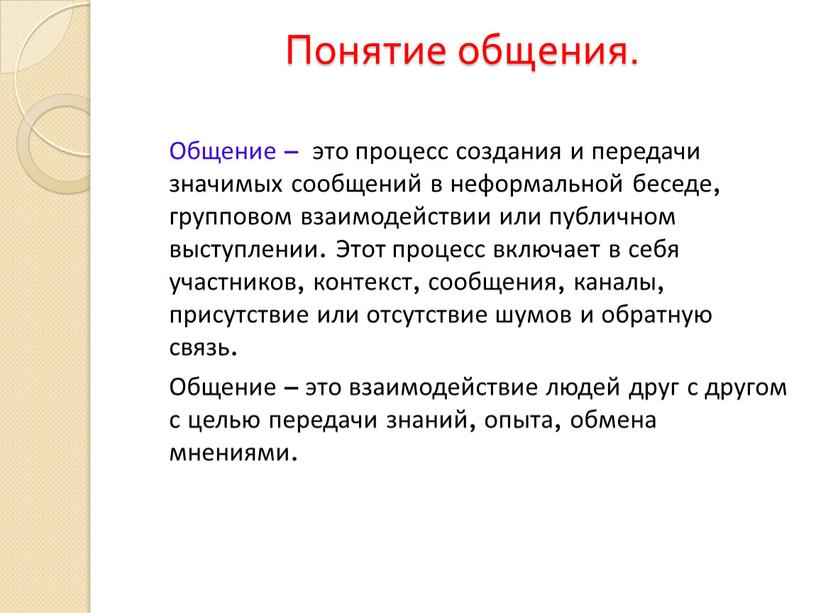 Понятие общения. Общение – это процесс создания и передачи значимых сообщений в неформальной беседе, групповом взаимодействии или публичном выступлении