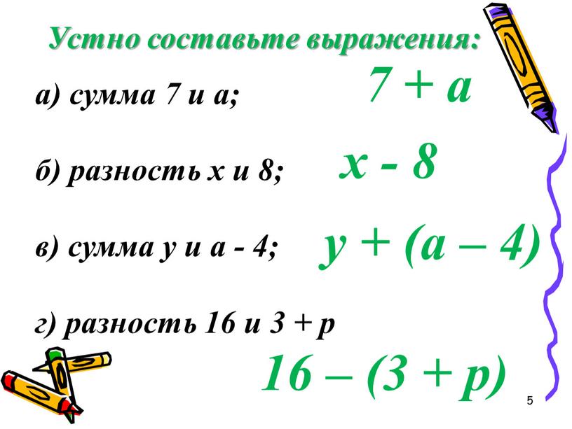 Устно составьте выражения: а) сумма 7 и а; б) разность х и 8; в) сумма у и а - 4; г) разность 16 и 3…