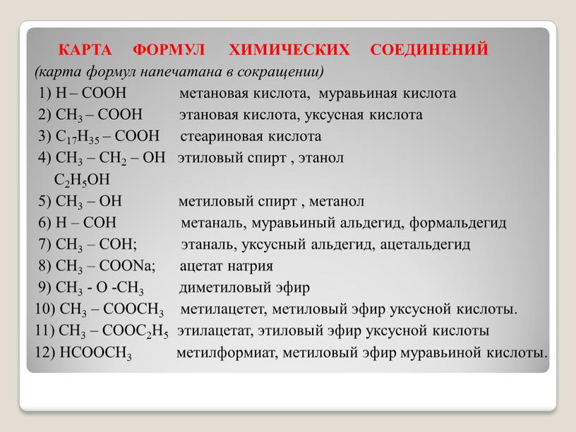 Карта формул химических соединений (карта формул напечатана в сокращении) 1)