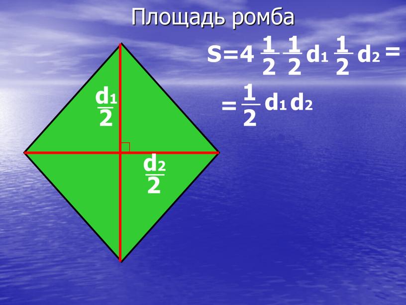 Площадь ромба d2 2 d1 2 S=4 1 2 d1 d2 1 2 2 2 1 1 = = d1 d2