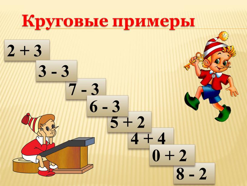 Т Р А И Н О У 4 + 4 Б Круговые примеры 2 + 3 5 + 2 7 - 3 8 - 2…