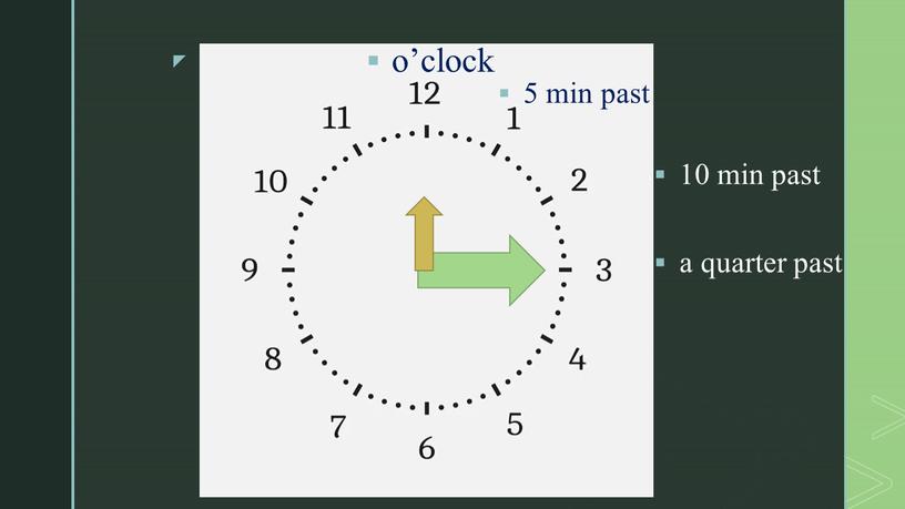 5 min past o’clock 10 min past a quarter past